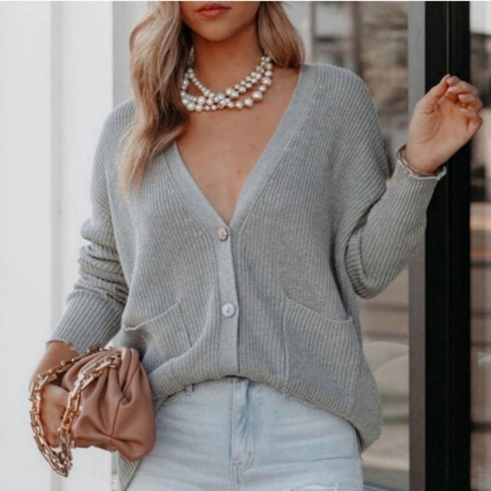 Vici Mindy Gray Button Front Distressed Cotton Ribbed Knit Cardigan Sweater